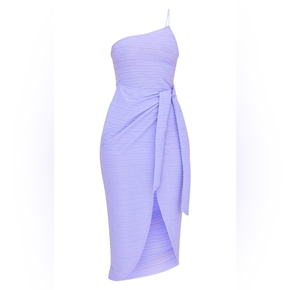 PrettyLittleThing PURPLE TEXTURED STRAPPY ONE SHOULDER WRAP MIDI DRESS - Picture 5 of 7